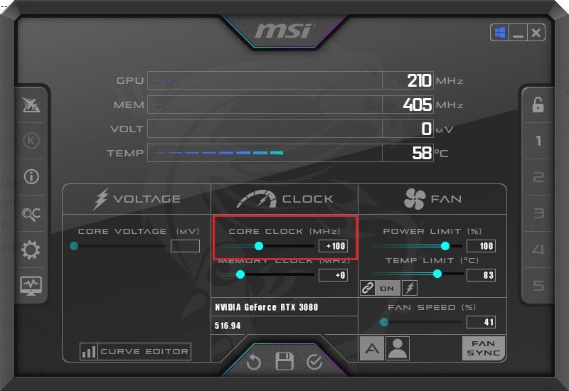 Индикатор стабильной частоты GPU в Afterburner после тестов