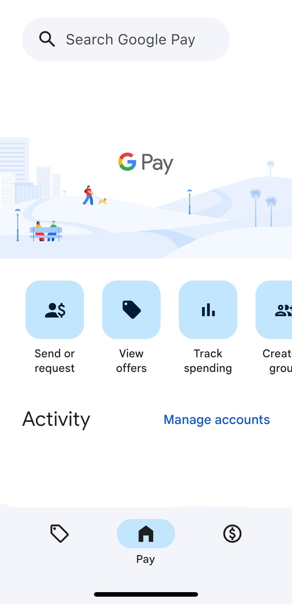 Главный экран Google Pay с картами и балансом