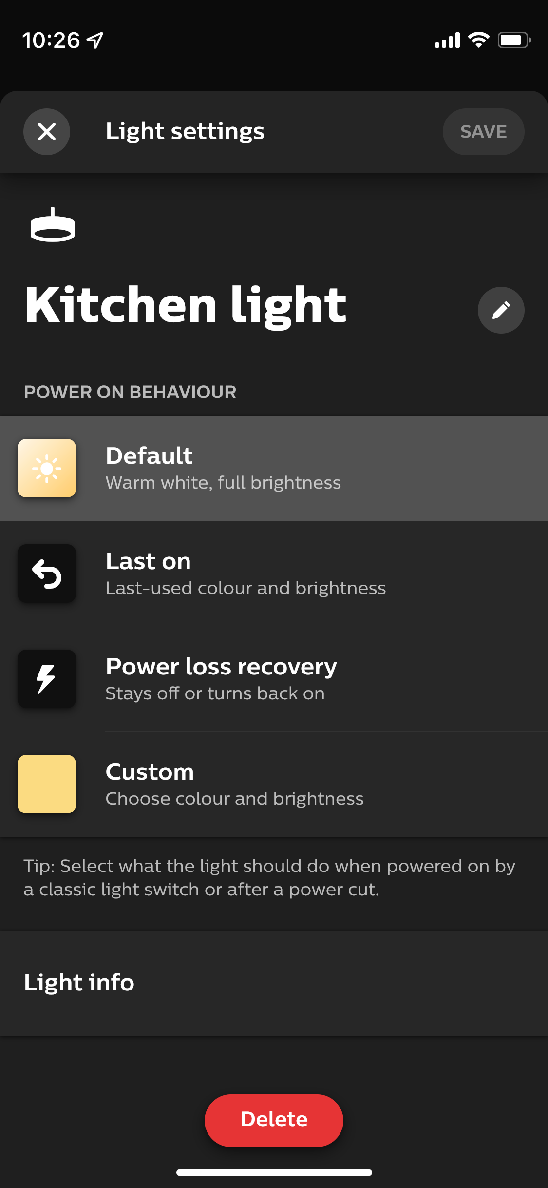 Настройки отдельной лампы в приложении Hue