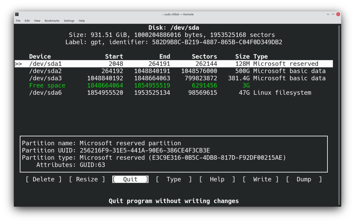 Таблица разделов с доступным свободным пространством 3GB