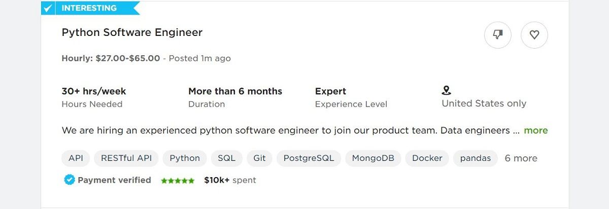 Карточка вакансии на UpWork: заголовок, краткое описание, бюджет