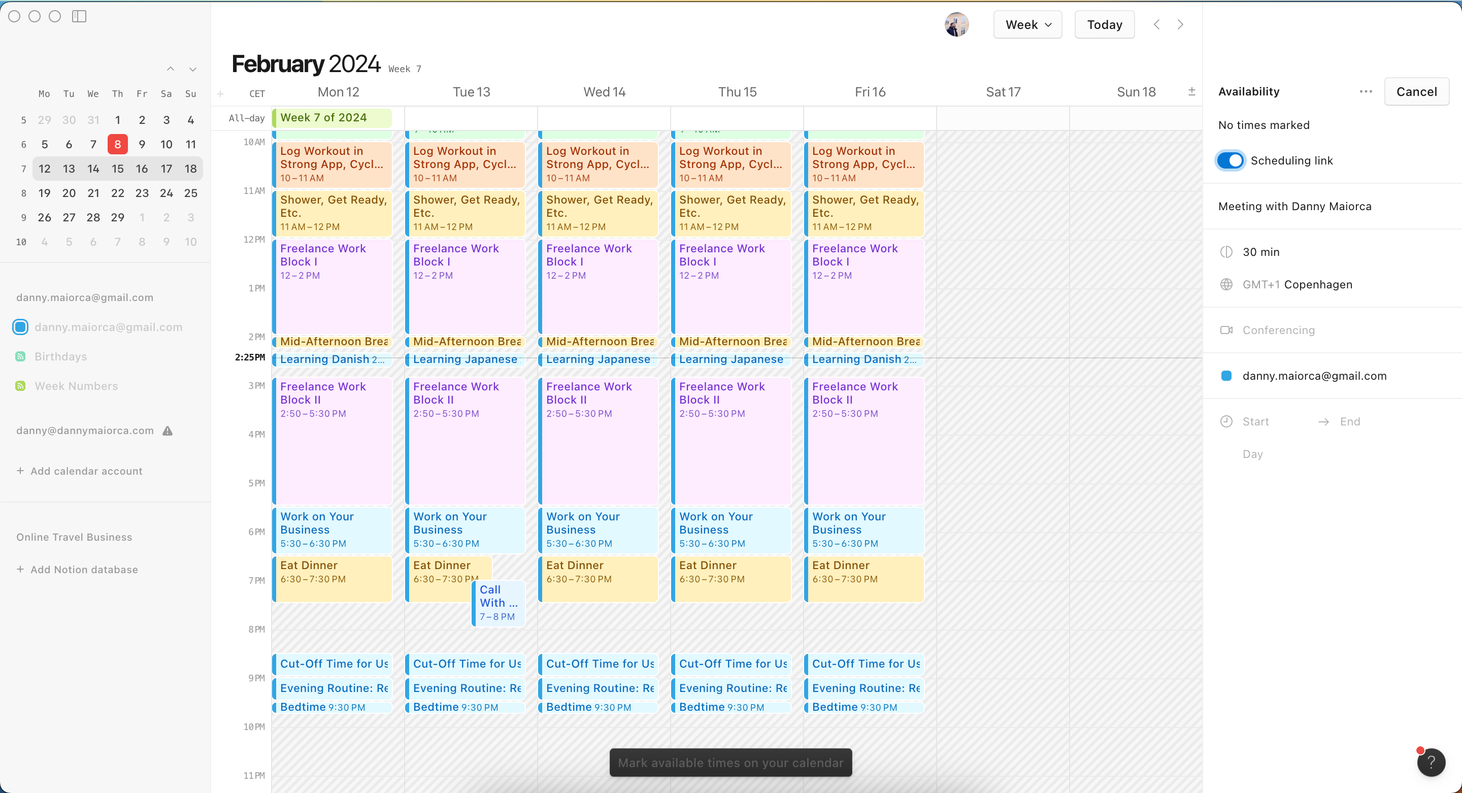 Инструмент Share availability в Notion Calendar с переключателями