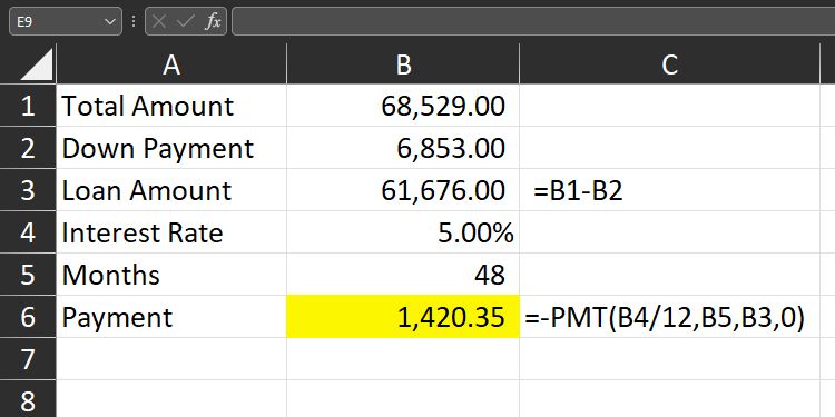 Данные для амортизации кредита в Excel с колонками и примерами чисел