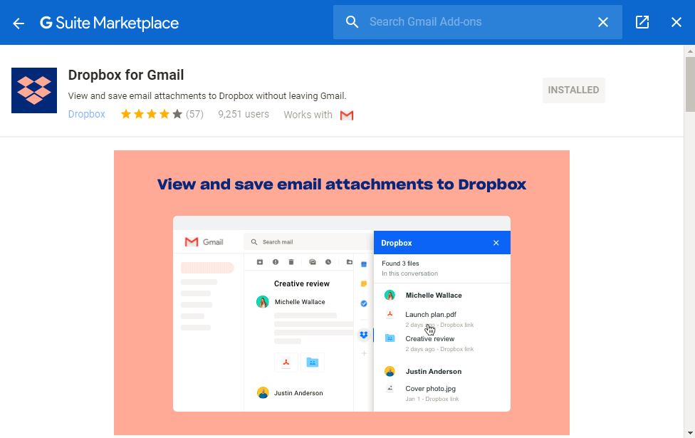 Пример: боковая панель Dropbox в Gmail с вложениями