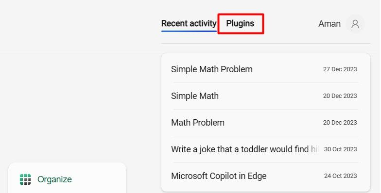 Опция Plugins на странице Microsoft Copilot