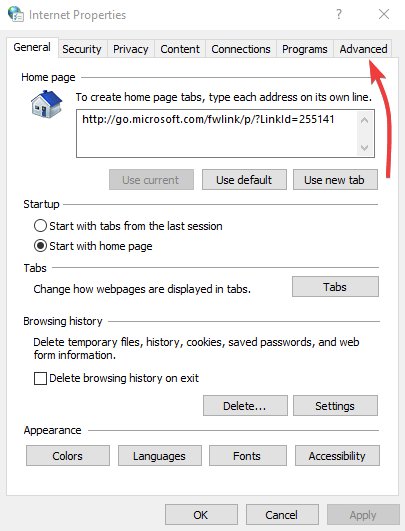Свойства Интернета вкладка Дополнительно