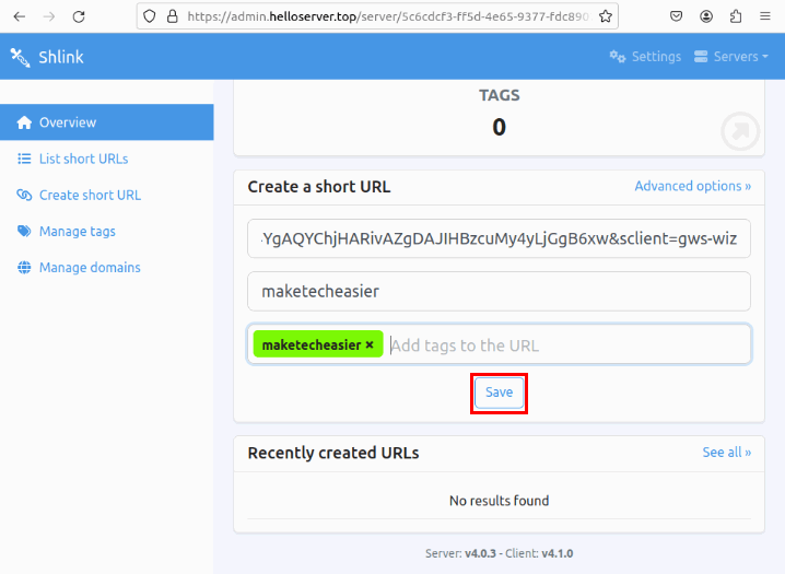 Форма создания короткой ссылки в интерфейсе Shlink.
