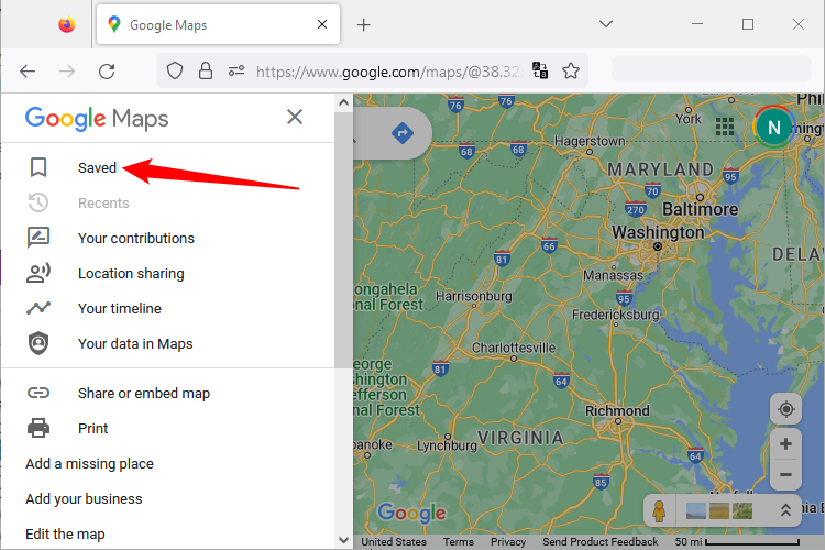 Меню гамбургера в Google Maps на сайте