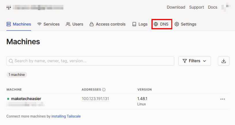 DNS-вкладка в Tailscale Admin Console.