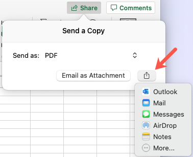 Опции системного меню Поделиться в Excel на Mac