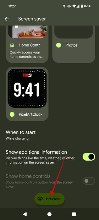 Кнопка Просмотр для предпросмотра экранной заставки