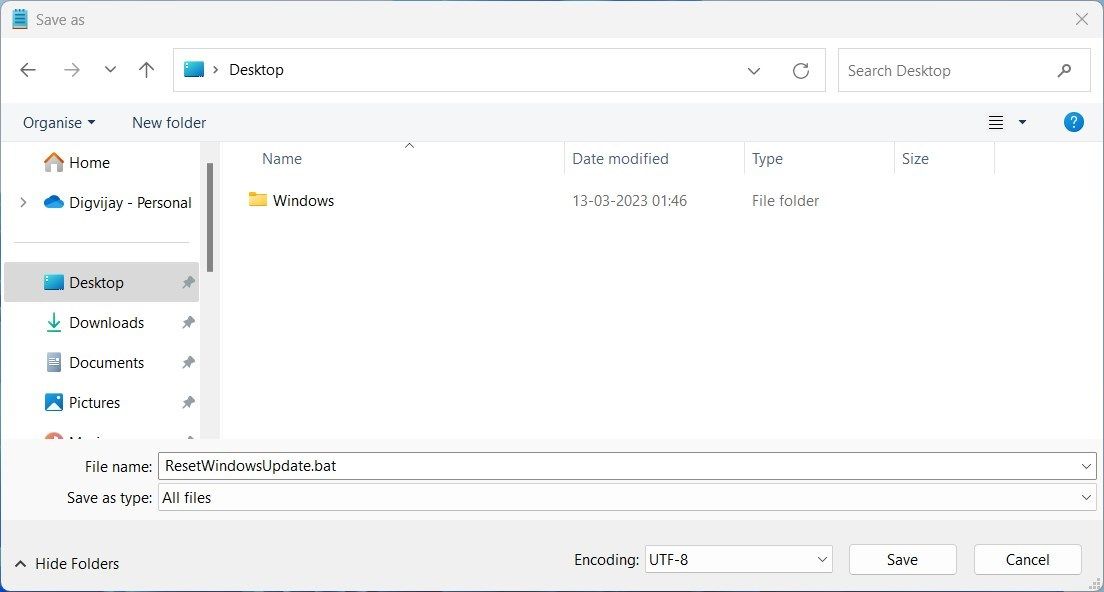 Созданный batch-файл ResetWindowsUpdate.bat на рабочем столе.
