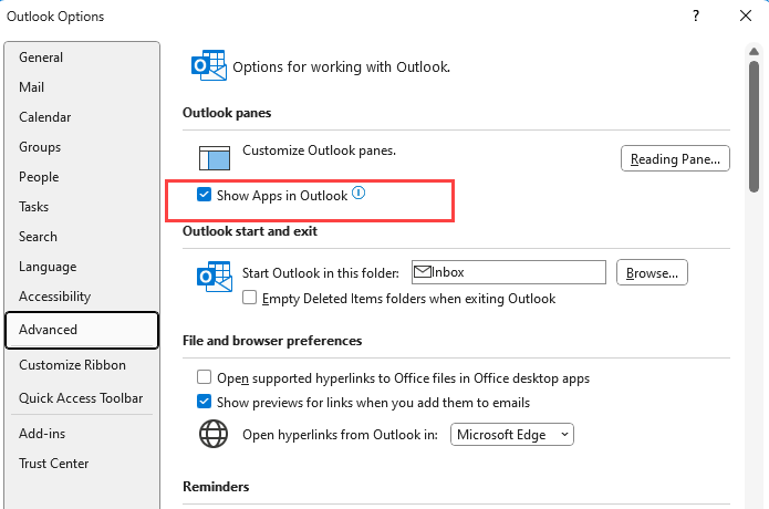 Отключение параметра Show Apps in Outlook в настройках