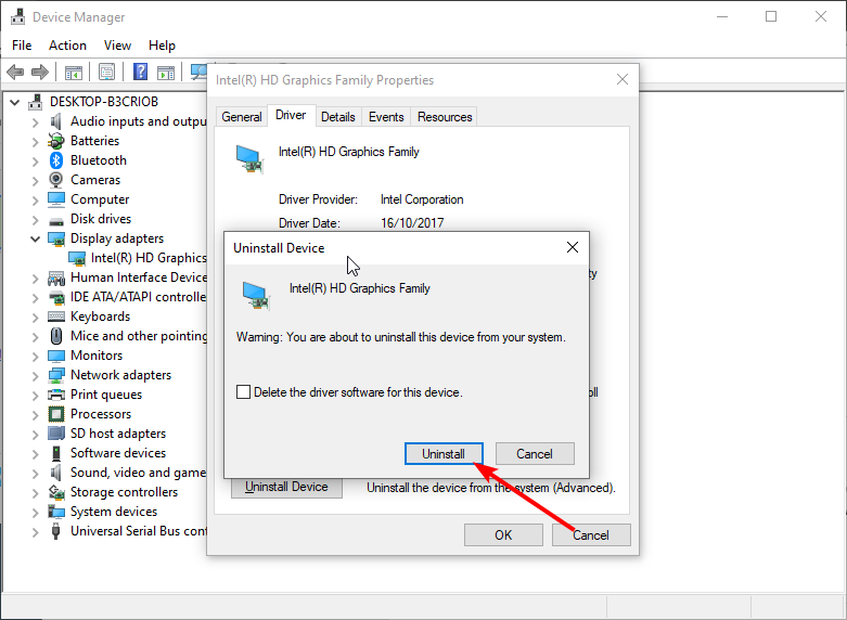 Подтверждение удаления драйвера видеоустройства