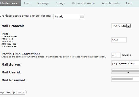 Настройки Postie — указание POP3 и логина почты