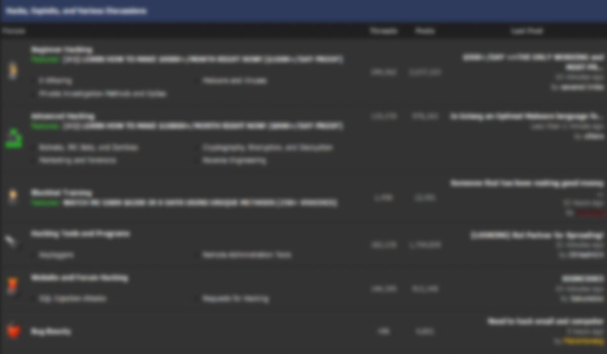 Размытый скриншот форума HackForums со списком тем