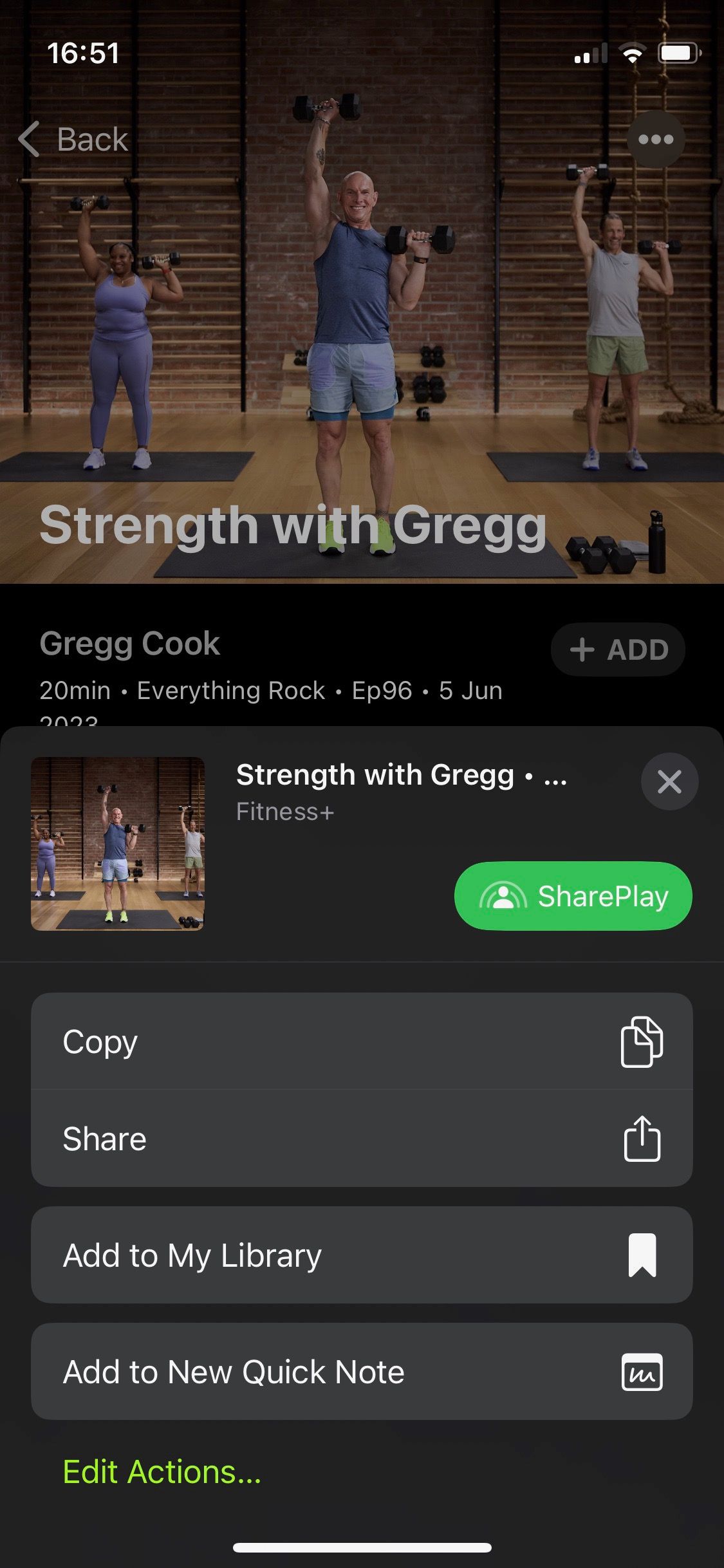 Скриншот кнопки SharePlay для тренировки Apple Fitness+