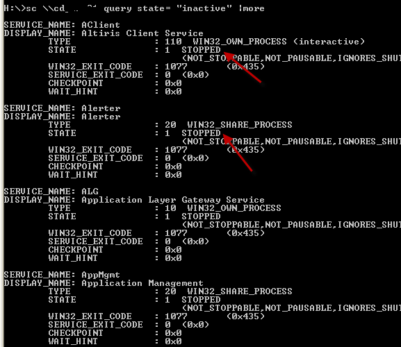 Список остановленных служб в выводе sc query