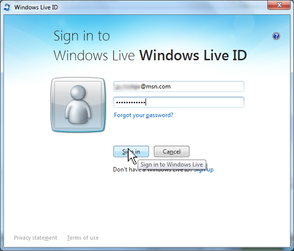 Форма ввода учетных данных Windows Live для связывания