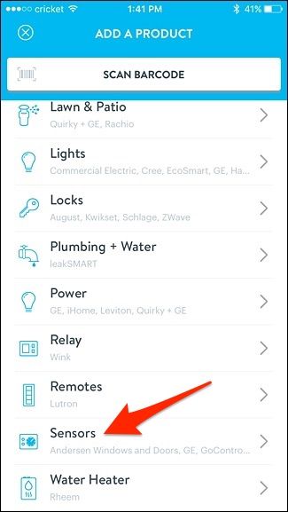 Выбор категории устройства датчик