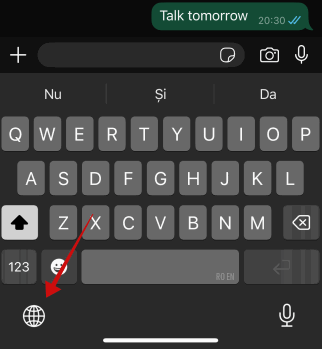 Нажатие на значок глобуса на клавиатуре iPhone