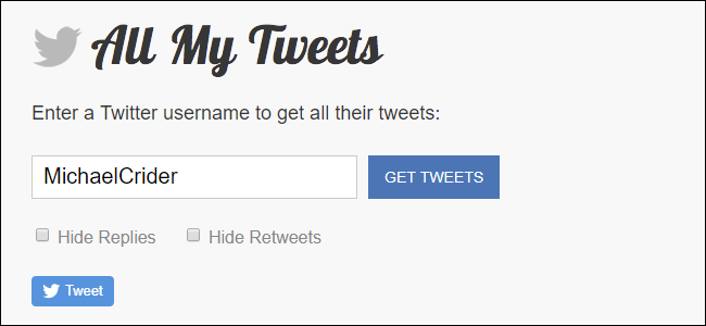 Поле ввода имени пользователя и кнопка GET TWEETS на AllMyTweets