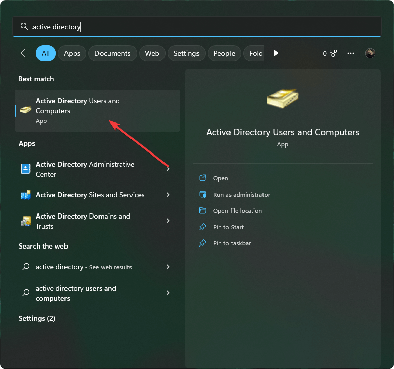 открытие оснастки 'Пользователи и компьютеры Active Directory'