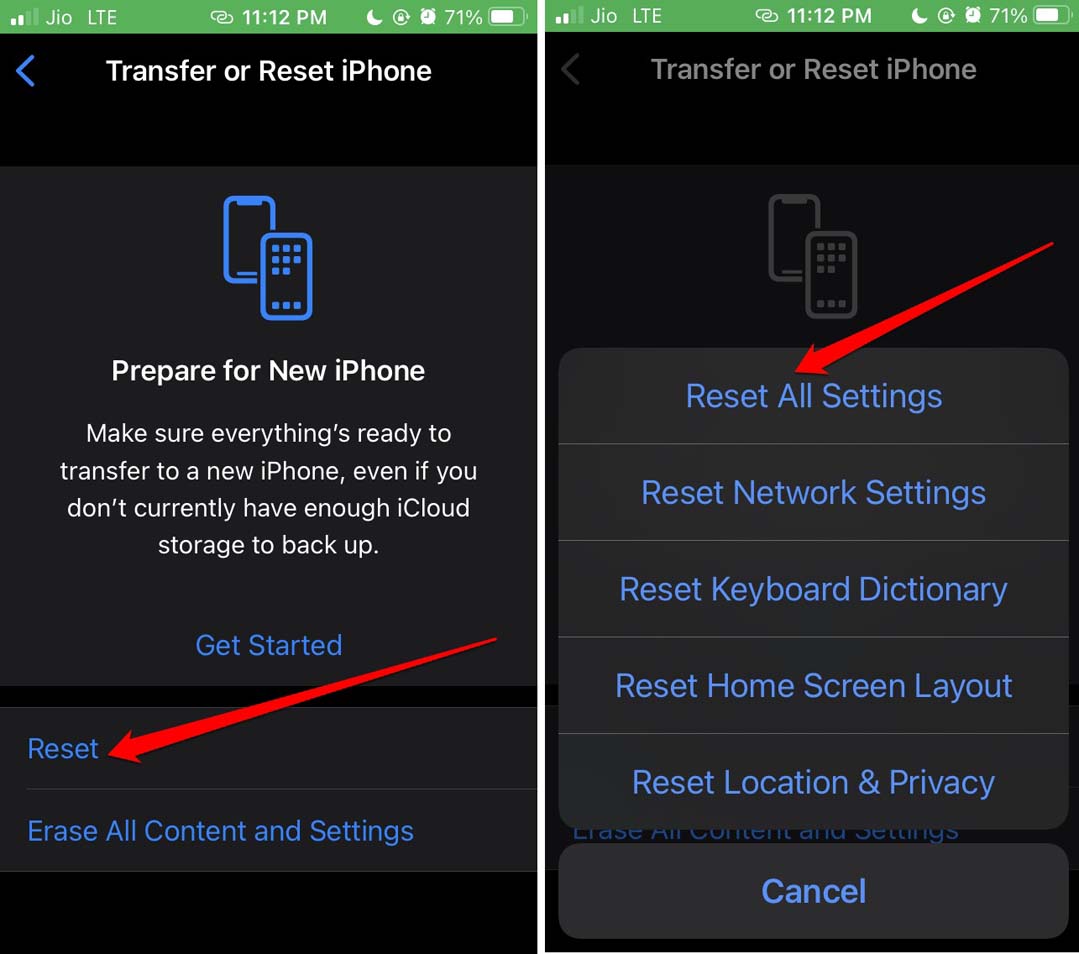 Экран: сброс всех настроек iPhone