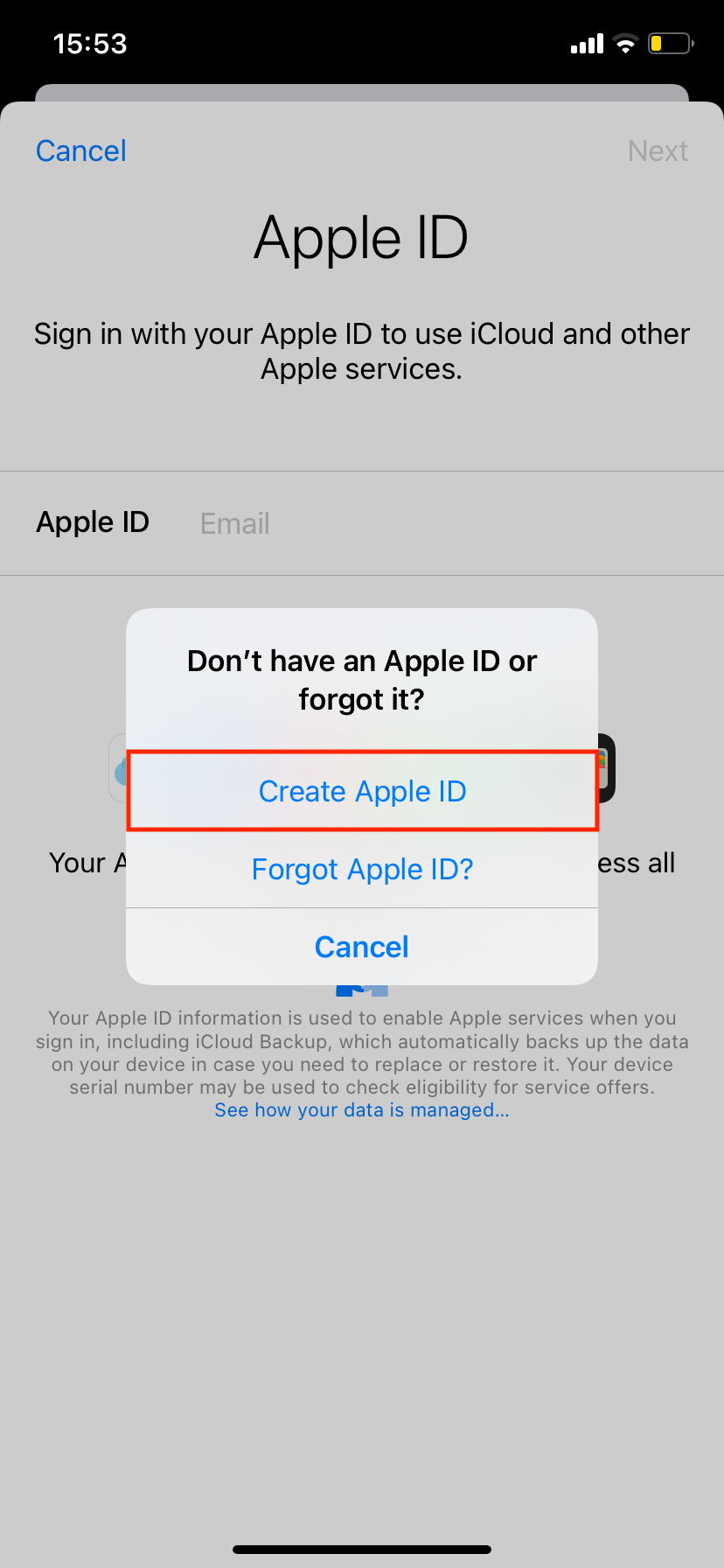 Экран создания нового Apple ID на iPhone с вводом данных