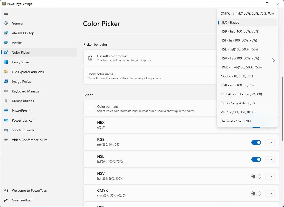 Выбор формата по умолчанию в Color Picker