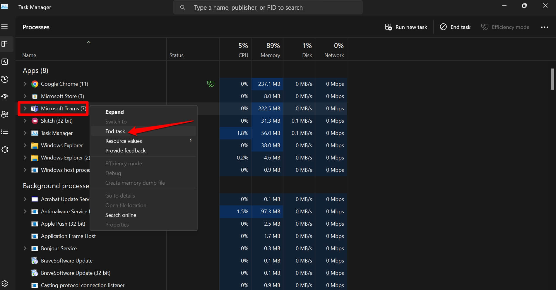 Принудительное завершение Microsoft Teams в Диспетчере задач