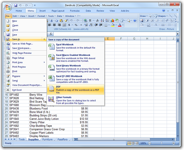 Пример в Excel: классическое меню рядом с элементами Office 2007 для сохранения документа
