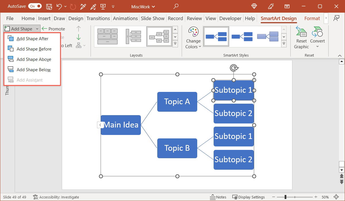 Add Shape drop-down for a SmartArt diagram