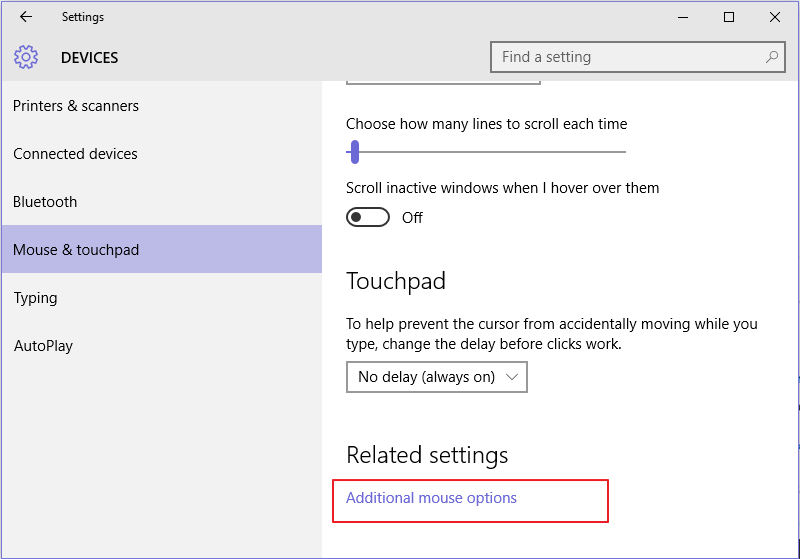 Пункт 'Дополнительные параметры мыши' в настройках