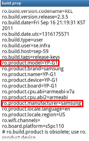 Пример строк ro.product.model и ro.product.manufacturer в build.prop