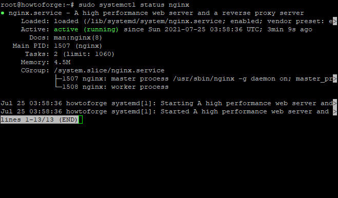 Статус Nginx после запуска