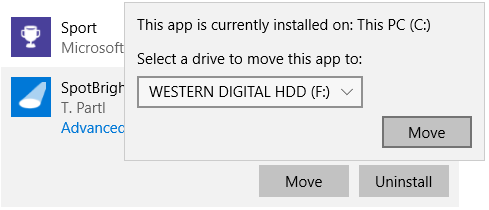 Параметры «Приложения и возможности» для перемещения приложения на другой диск