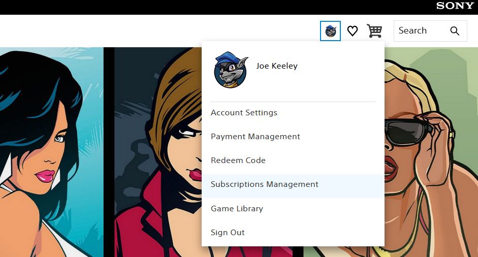 Страница управления подписками Sony на веб‑сайте