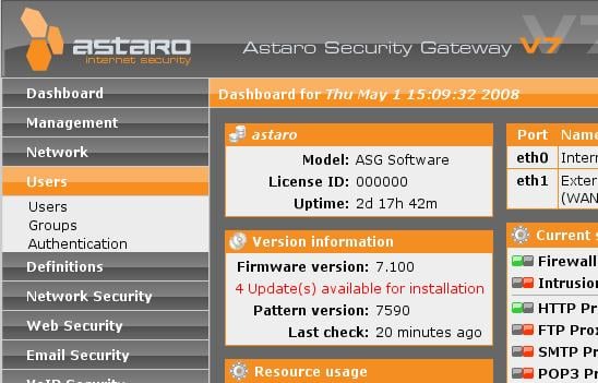 Раздел Пользователи → Аутентификация в WebAdmin Astaro