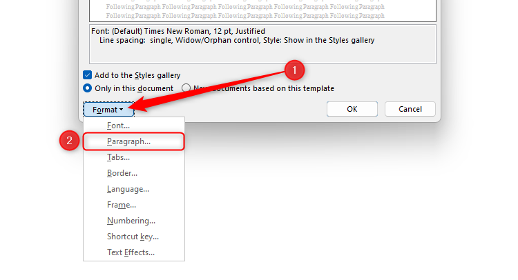 В диалоге Изменить стиль активирован пункт Формат → Абзац.