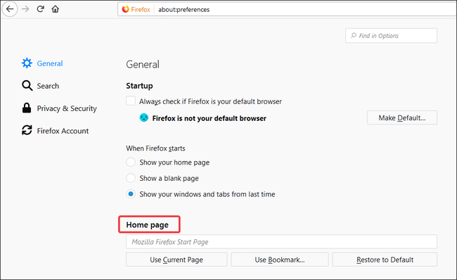Раздел 'Домашняя страница' в Firefox