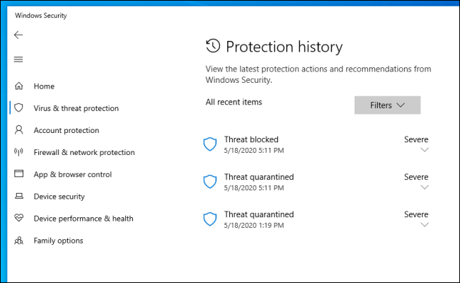 Список истории защиты в Windows Security на Windows 10
