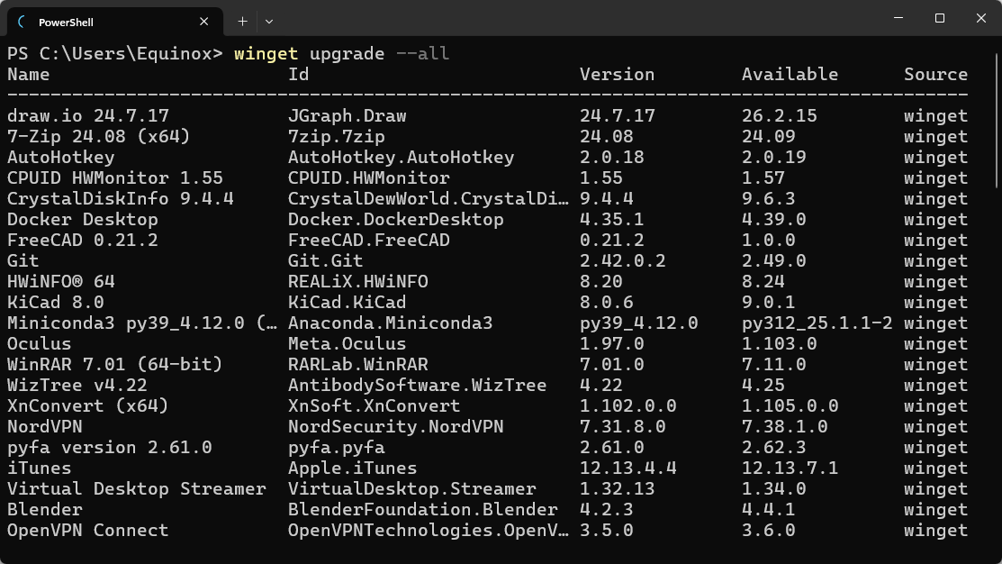 Winget обновляет приложения на ПК с Windows 11.