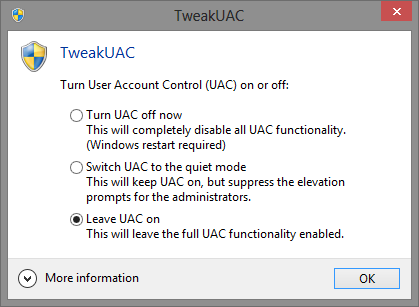 TweakUAC: параметры режима UAC