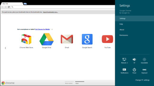 Использование charms в Chrome Metro для доступа к настройкам и обмену