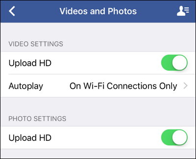 Включение переключателей загрузки в HD в настройках Facebook