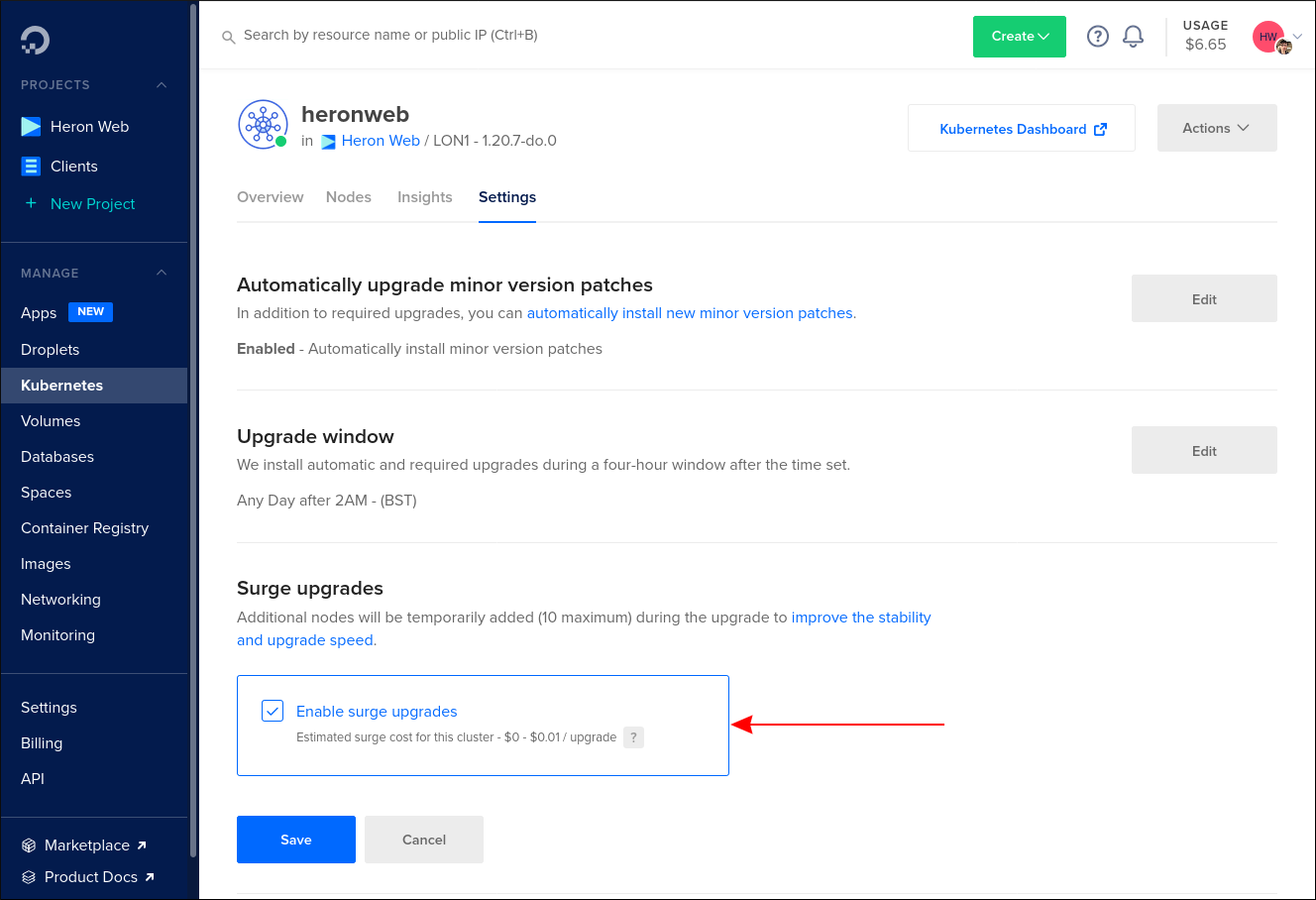 Скриншот настроек Surge Upgrades для кластера DigitalOcean