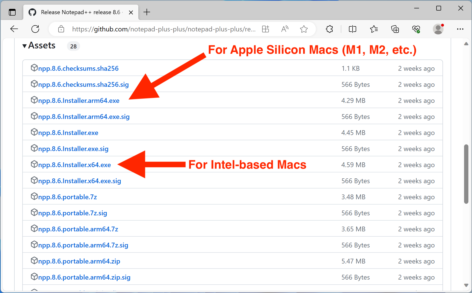 Загрузка Notepad++ для Mac: выбор инсталлятора по архитектуре