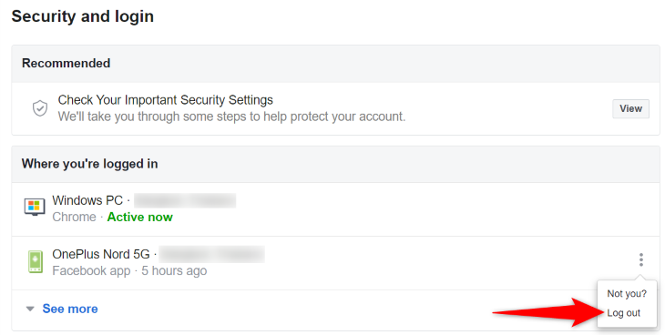 Кнопка «Выйти» рядом с устройством в списке входов