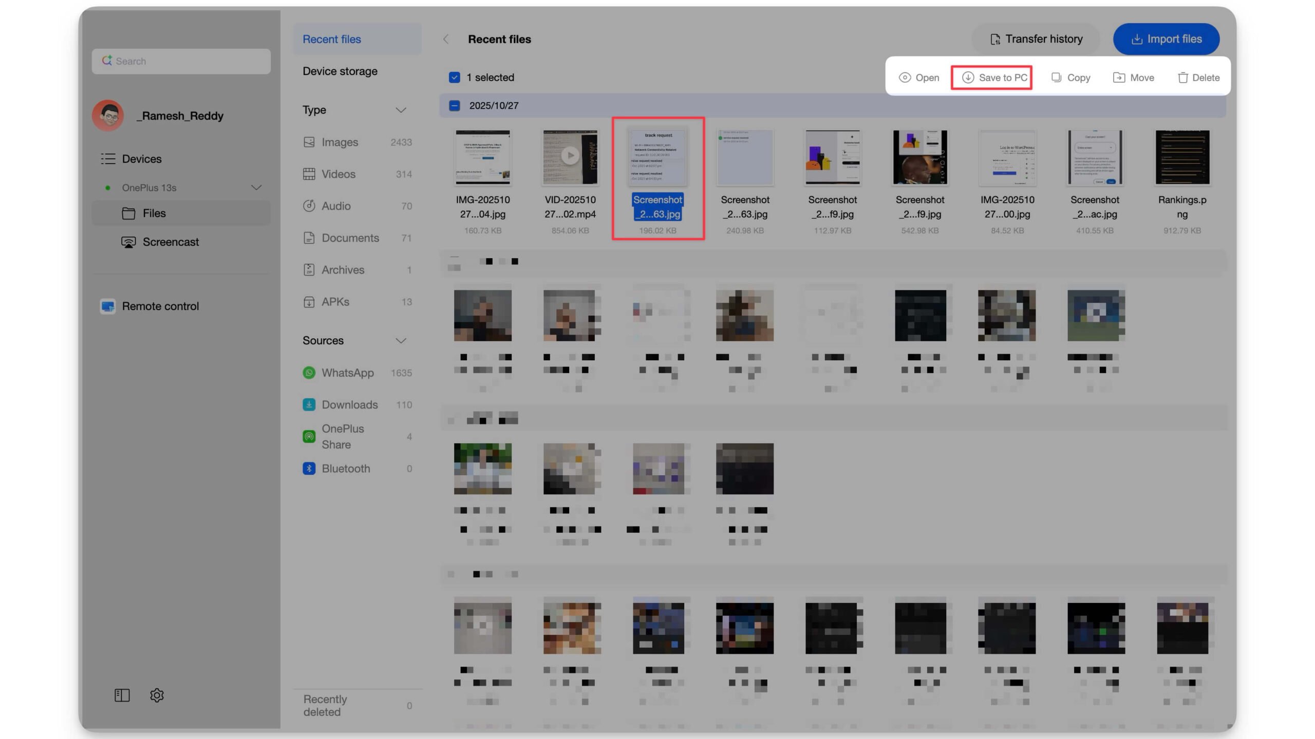 import files from pc to oneplus phone